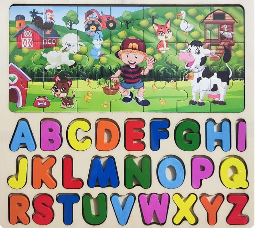 Wooden Alphabet Puzzle Board for Kids ABC Learning Educational Toy with Colorful Letters Montessori Preschool Puzzle for Toddlers to Learn Alphabet, Spelling & Hand-Eye Coordination
