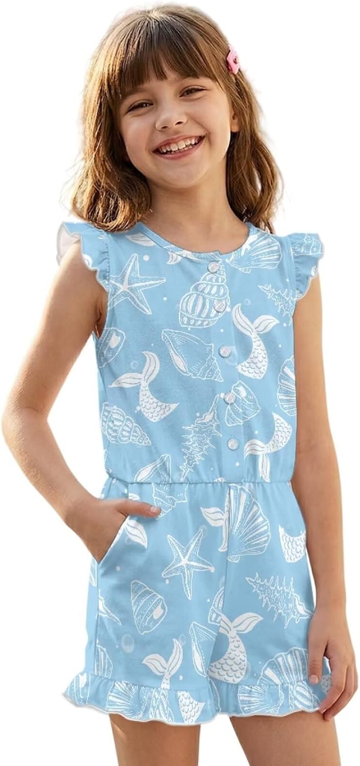 Girls Summer Casual Romper Flutter Sleeves Short Jumpsuit Elastic Waist Kids One-Piece Playsuit Outfit for 5-14 Y