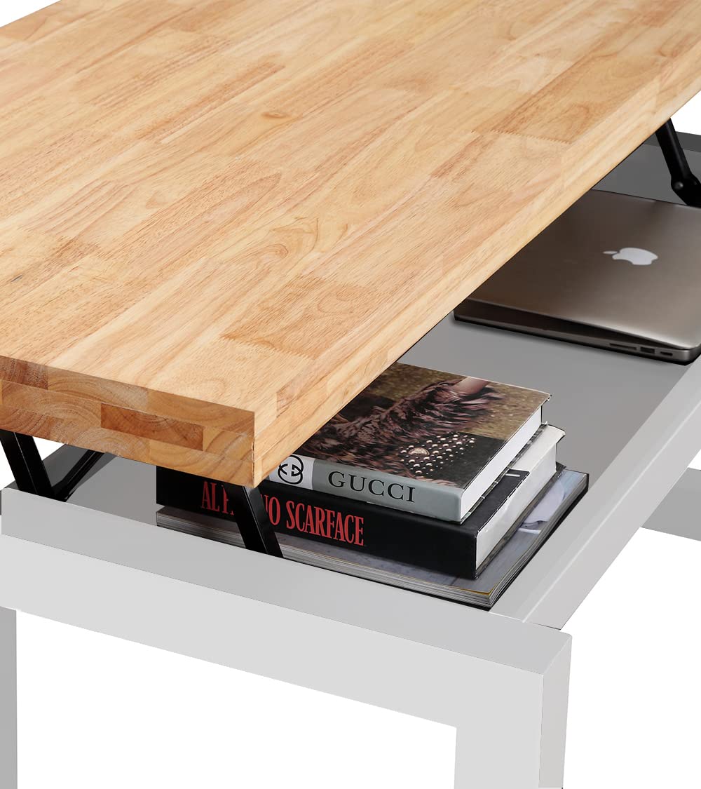 Home Heavenly®- Mesa Centro elevable Darek. Almacenaje Interior. Mesita salón Madera. Patas metálicas. (White)