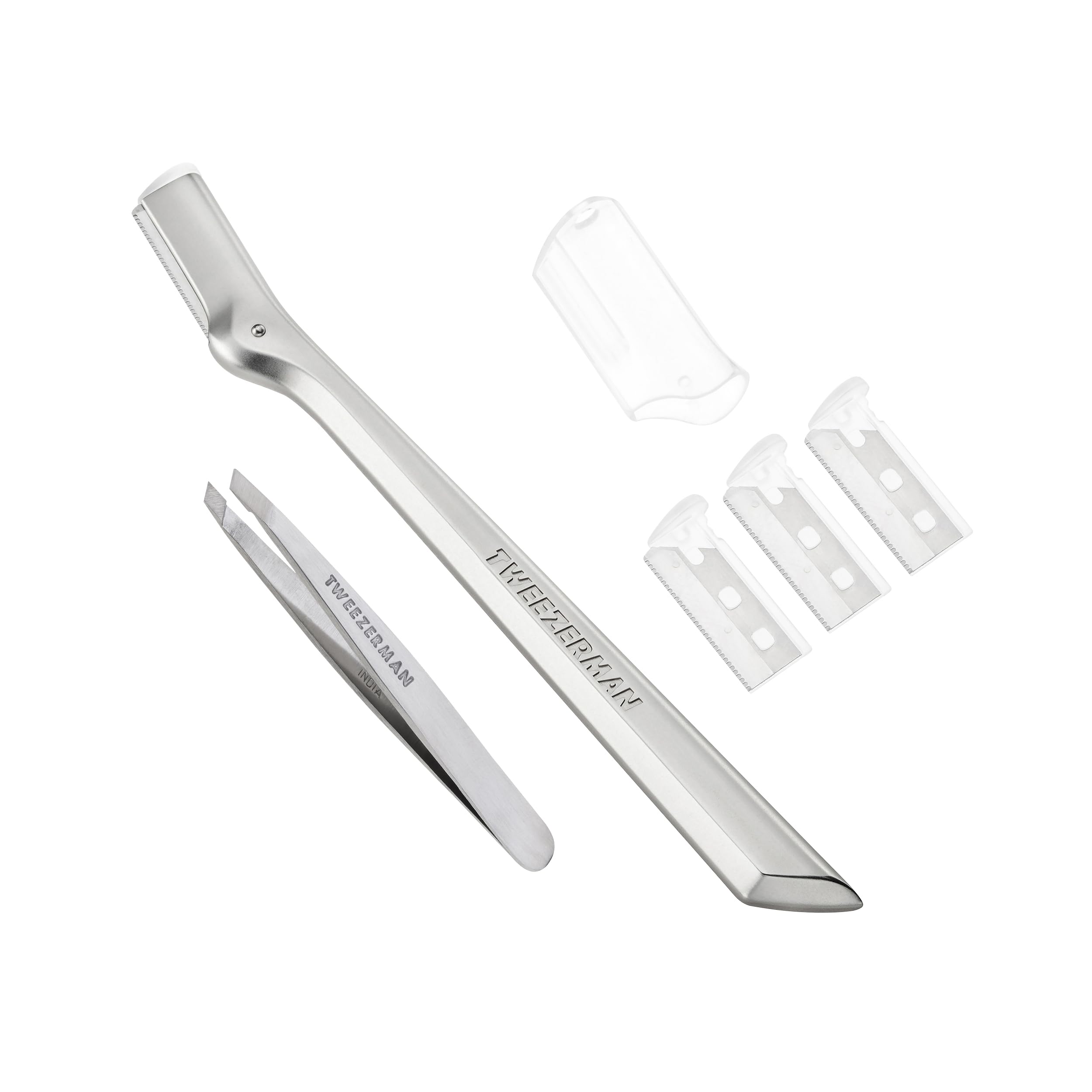 TWEEZERMAN Set de afeitadora de cejas con mini pinza inclinada (Mini Slant Tweezer & Brow Razor Set), plateado