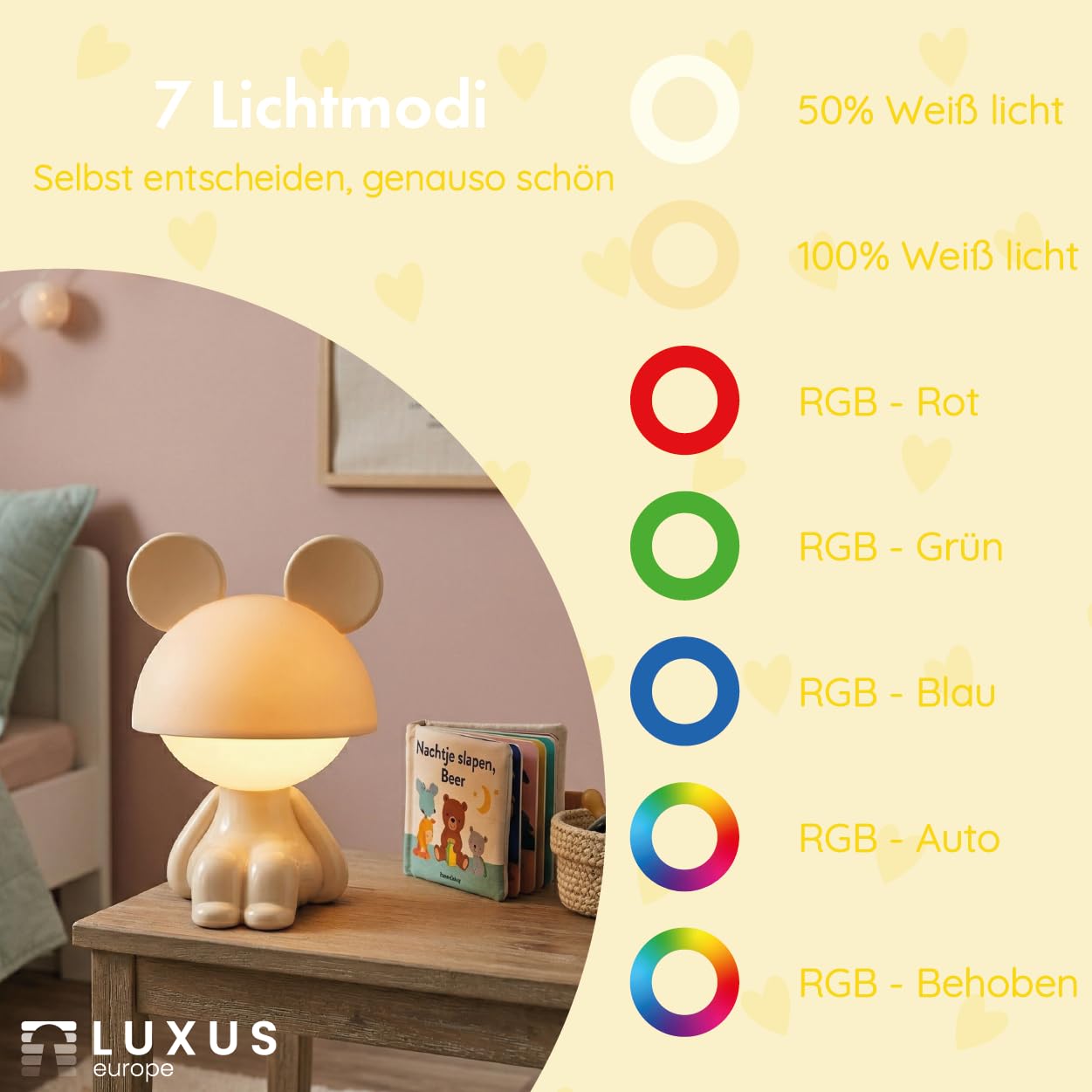 Luxus Europe - Veilleuse enfant Mouse Crème - Veilleuse LED sans fil pour enfants – Rechargeable par USB-C – 7 couleurs RGB – Lampe de table pour chambre d’enfant