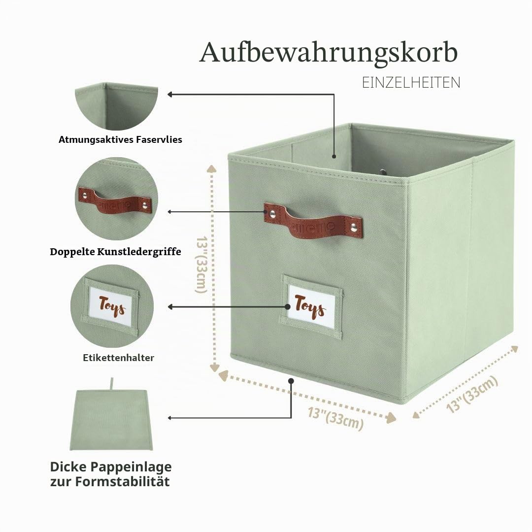 DECOMOMO Aufbewahrungswürfel, 33 x 33 x 33 cm, Aufbewahrungswürfel mit Etiketten, Aufbewahrungsbehälter aus Stoff (33 cm, 6 Stück, salbeigrün)