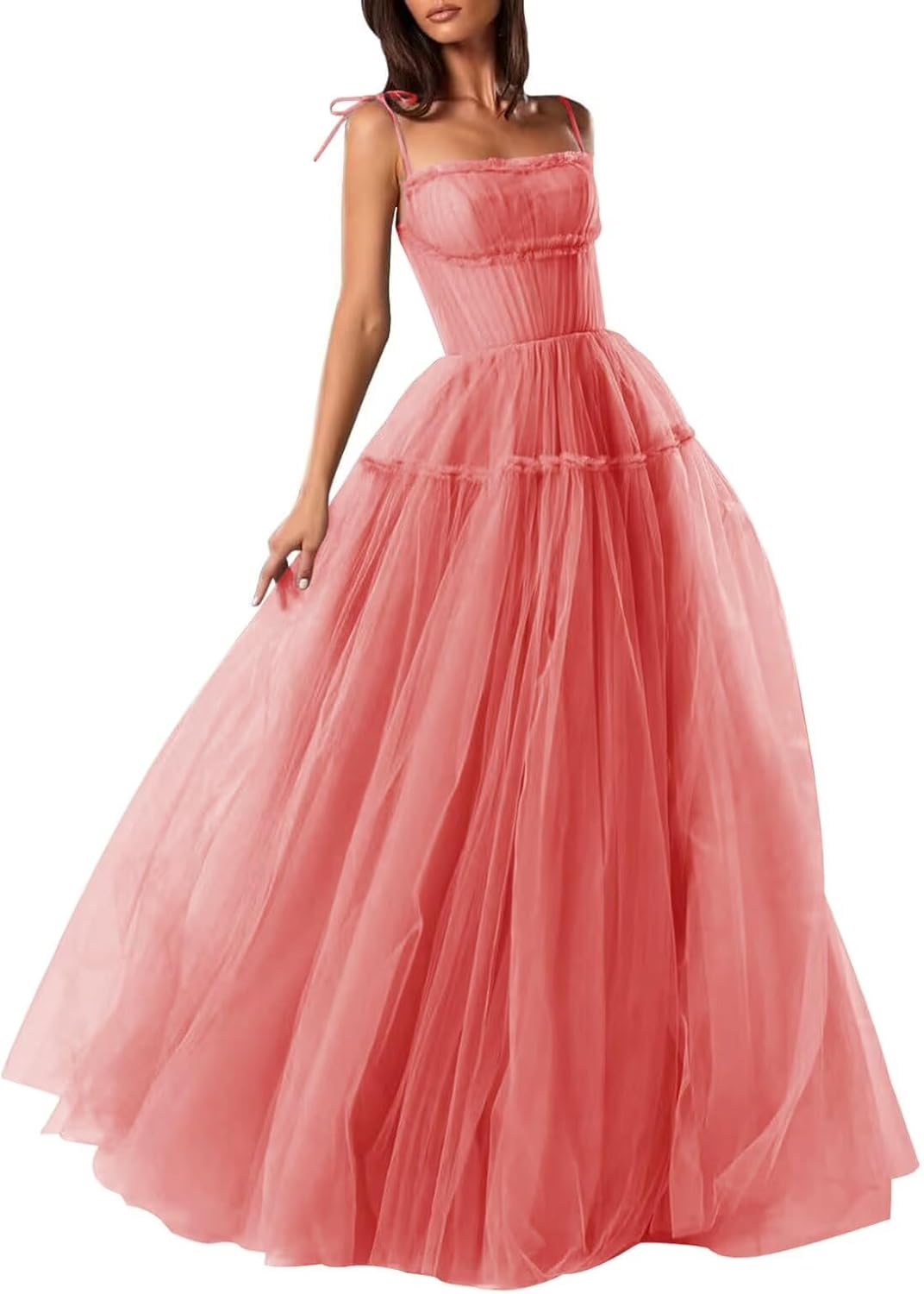 Zepumen Tulle Prom Dress Spaghetti Straps Bridesmaid Dresses Long A Line Foraml Evening Party Gown