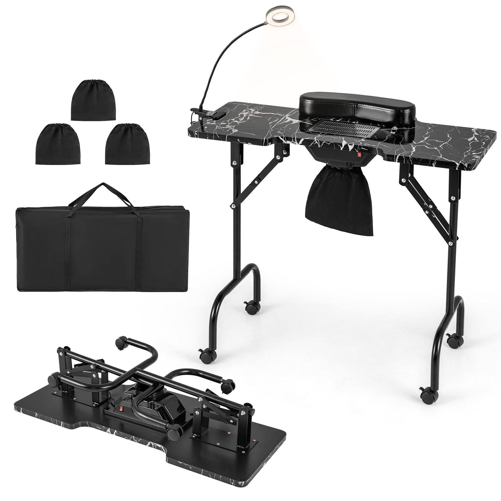 RELAX4LIFE Nageltisch mit Absaugung & LED Lampe, Mobiler Maniküretisch mit 4 Rädern, faltbar Maniküre Tisch mit Tragetasche, Nagelstudio Tisch für Zuhause, Nagelstudios, Schönheitssalons, Schwarz