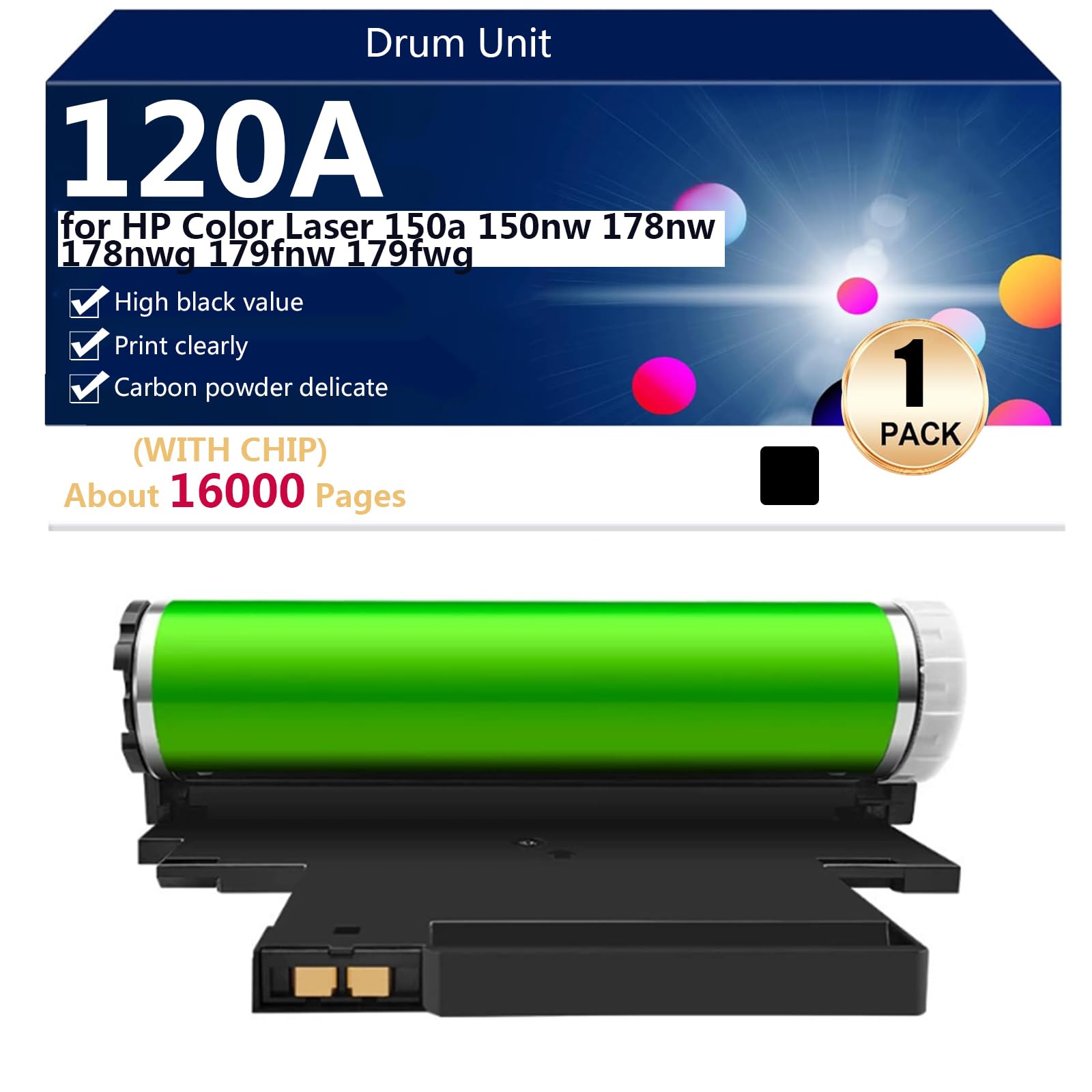 120A Unità Tamburo (con Chip) di Ricambio W1120A per HP Color Laser 150a 150nw 178nw 178nwg 179fnw 179fwg Stampante【Volume di Stampa Elevato】,Black-1 pack