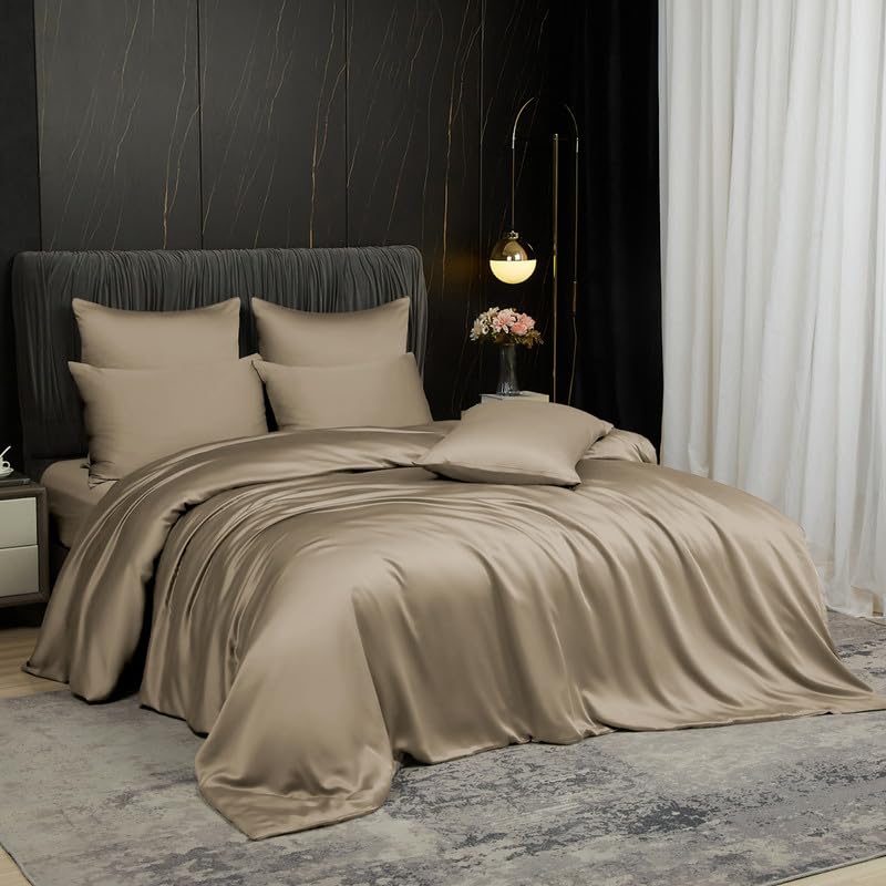 Gezu - Funda nórdica de bambú 220 x 240 cm, color marrón caqui, juego de cama de 220 x 240 cm, para adultos, 2 personas, fresco, Tencel Lyocell y ropa de cama de seda lisa, sedosa brillante, con 2