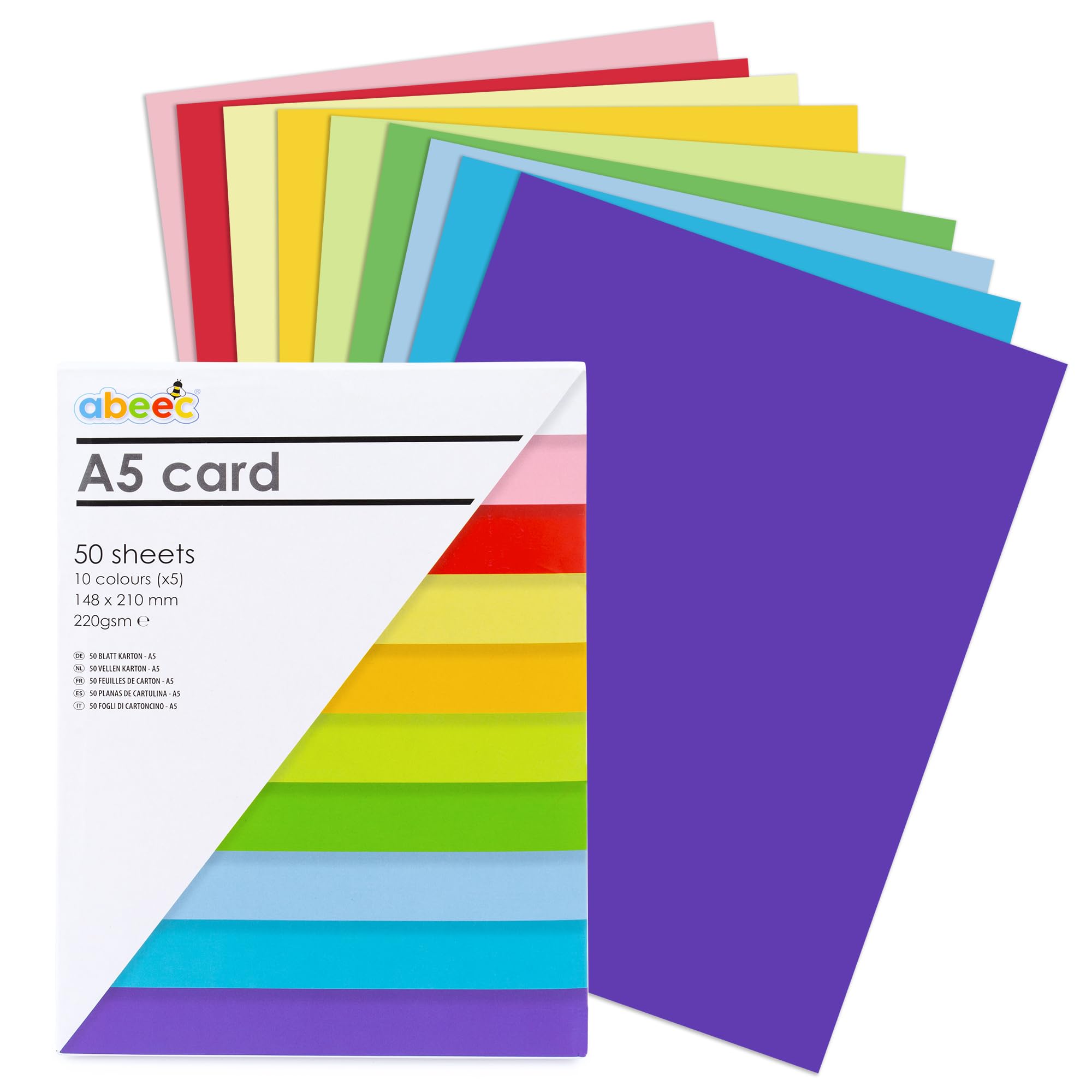 abeec A5 Card - 50 Sheets in 10 Assorted Colours Including White | 220gsm | Ideal for Crafting, Scrapbooking, and DIY