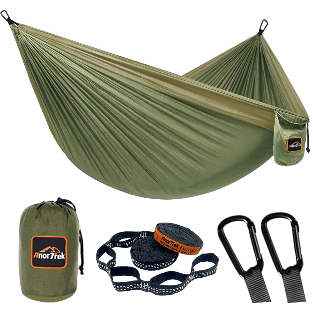 Anortrek Army Green&Khaki Camping Hammock, Super Lightweight Portable Parachute Hammock With Two Tree Straps Single Or Double Nylon Travel Tree Hammocks For Camping Backpacking Hiking