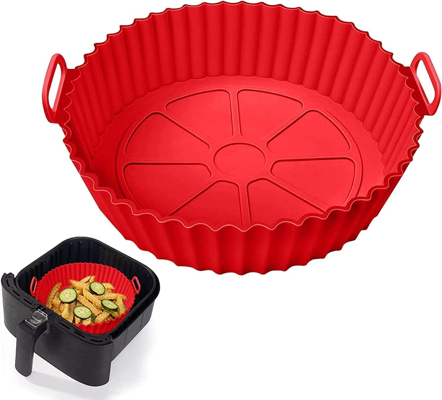 FlairFinds Air Fryer Liners I Round Silicone Basket Baking Tray I Pot with Ear Handles I Nonstick Reusable Heat Resistant I Cooking Oven Insert Accessories pack-1 (Multicolor)-image-21