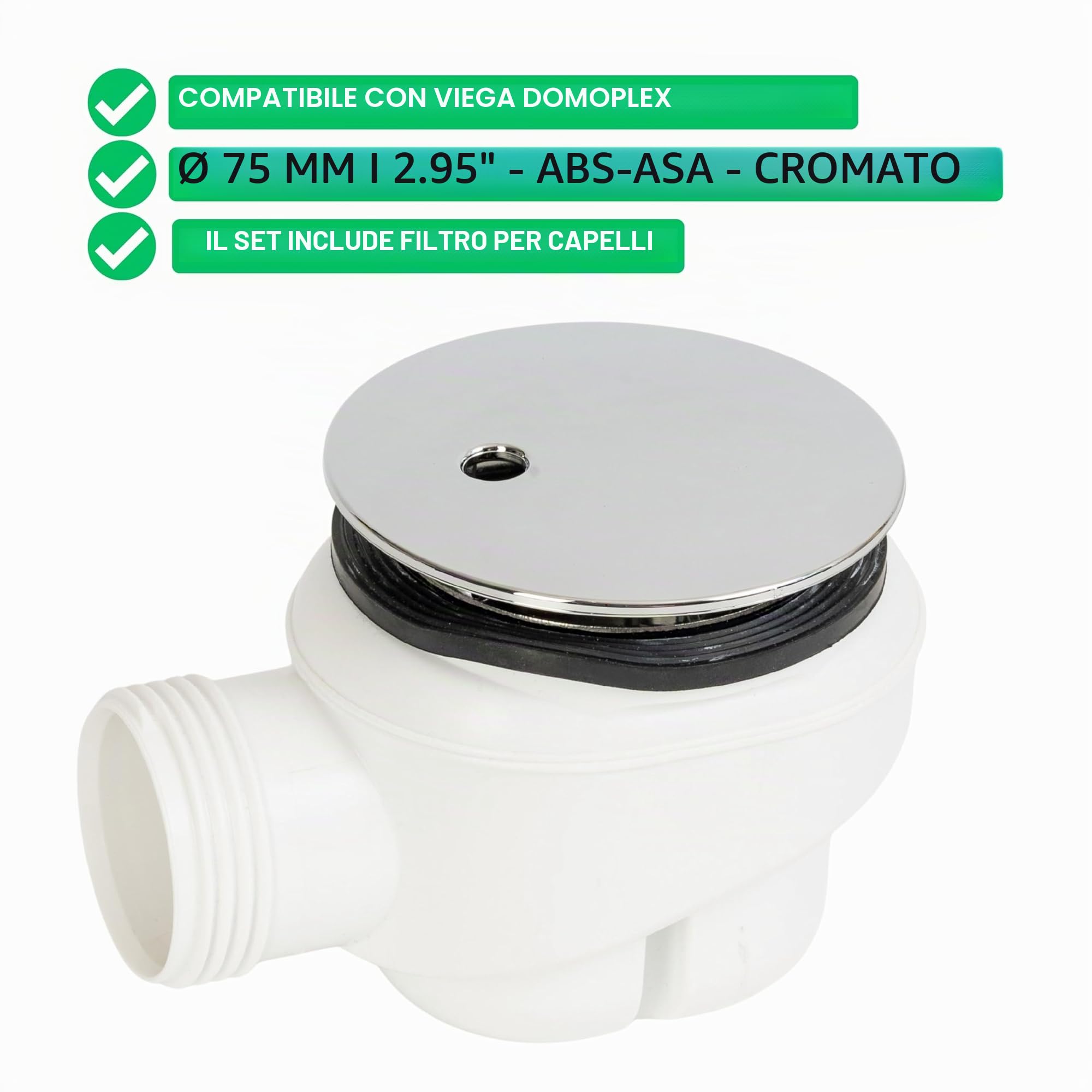 Set di copertura con filtro per capelli per scarico doccia, Ø 90 mm, compatibile con piletta Viega Domoplex, copertura in ABS ASA cromato, inserto filtro per capelli doccia, tappo di scarico doccia