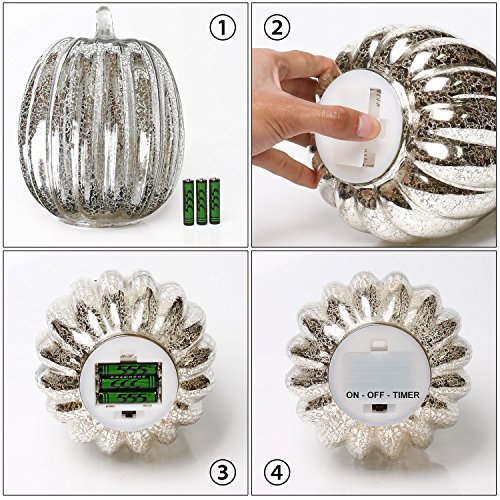 Image of Mercury Glass Pumpkin Light with Timer for Halloween Pumpkin Decorations Fall and Thanksgiving Decor, Sliver,7.5 inches