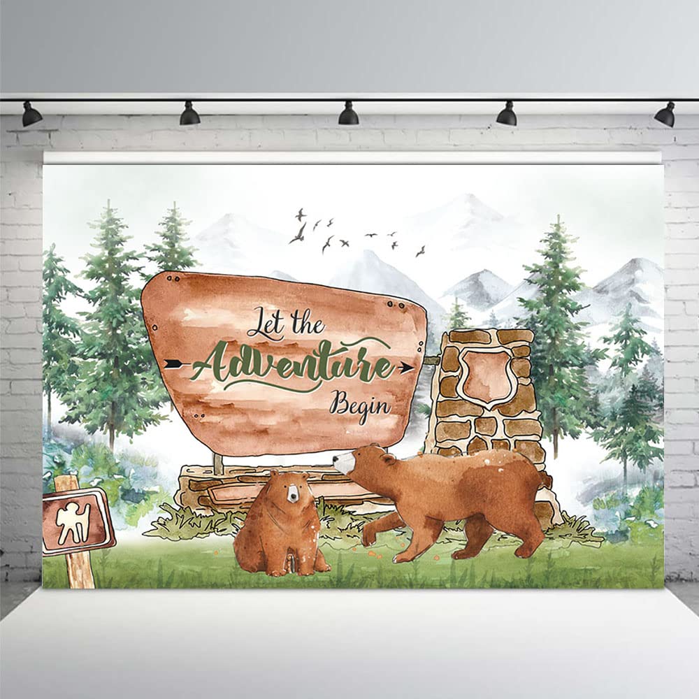 MEHOFOND Baby Shower Backdrop - Adventure Awaits Pine Tree Mountain Wilderness Brown Bear Background Woodland Friends Party Decor Banner for