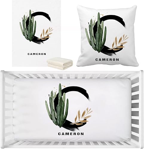 Juego de sábanas para cuna de bebé con letras de hojas tropicales de acuarela bohemia, juego de sábanas personalizadas para cuna con nombre, sábanas