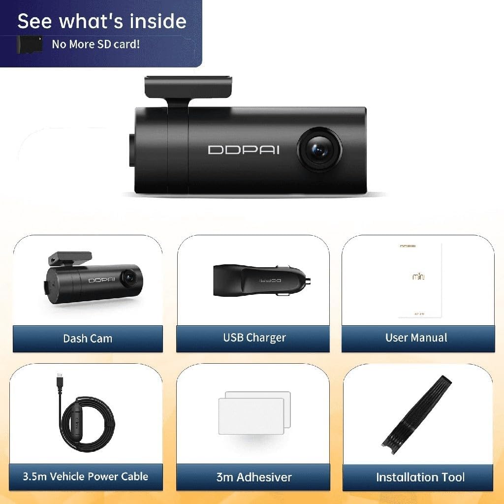 ddpai Mini 5 Dash Cam package contents including dash cam, USB charger, user manual, power cable, adhesive, and installation tool.