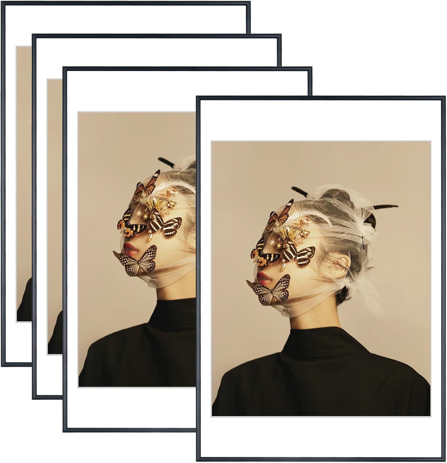 12x18 Picture Frame Set of 4, Matted Black Modern Aluminum Metal Photo Frame, Fits 11x14 with Mat or 12 x 18 without Mat, Vertical and Horizontal Wall Mounting 12x18 Black