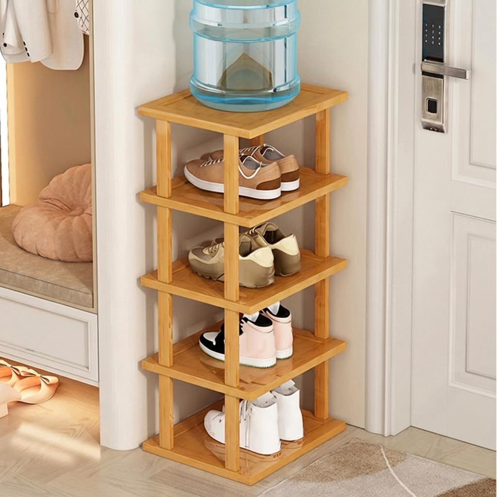 woshapce Shoe Rack, Vertical Shoe Rack Tall Slim, Bamboo Wooden Shoe Shelf, Narrow Stackable Shoe Storage Organiser for Hallway, Bedroom, Entryway, Corner Storage (5 Tiers)