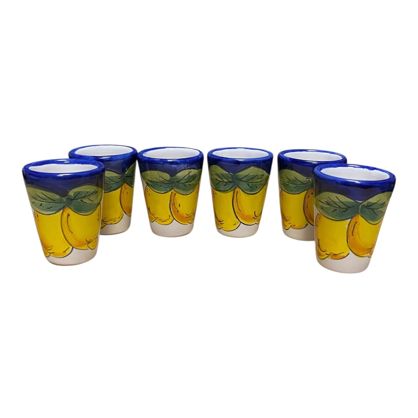 La Maison Unique: Set 6 Limoncello Gläser aus Keramik Vietrese Traditionelle Amalfiküste handbemalte Zitronen blauer Hintergrund 1212241905