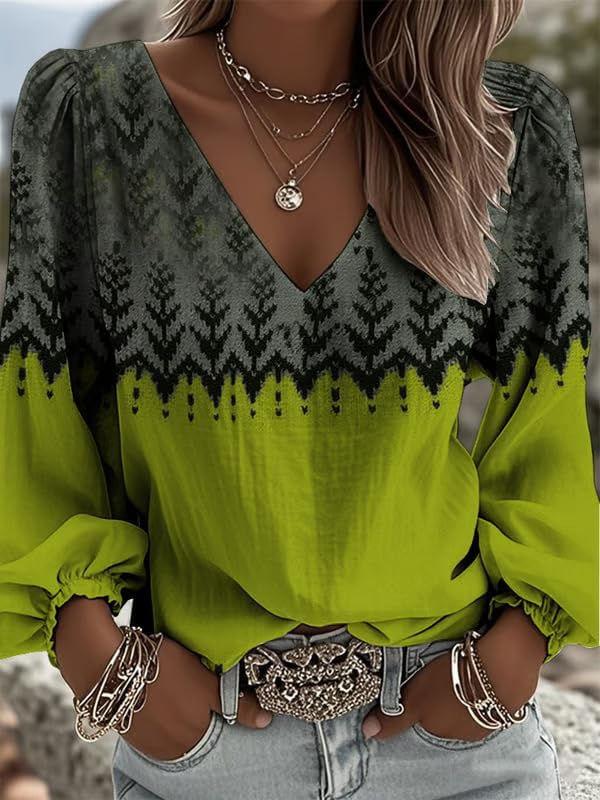 Women's Boho V-Neck Long Sleeve Blouse Top with Ethnic,Floral,Paisley and Embroidery Prints for Casual Everyday Style - Image 2