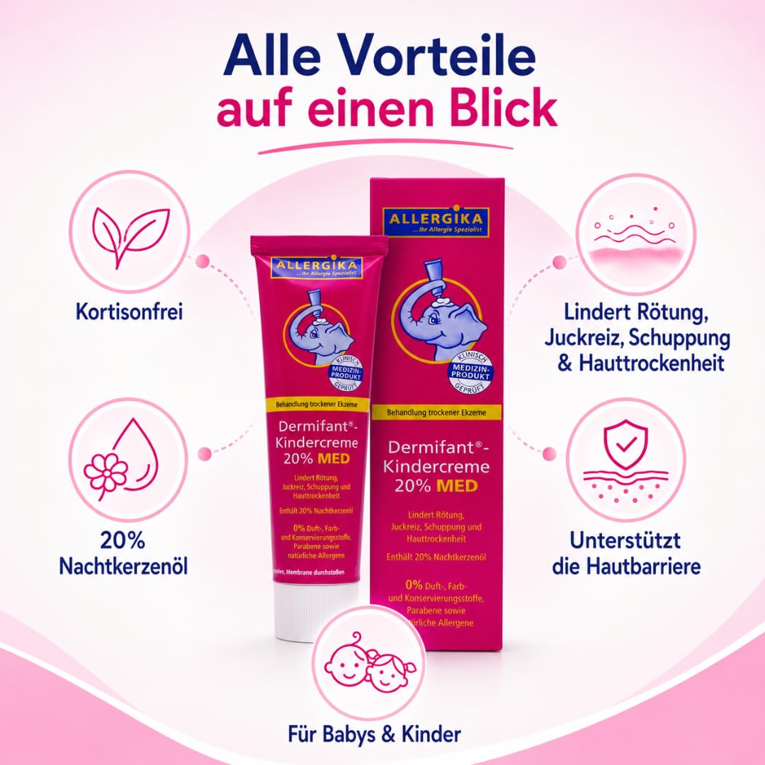 Kindercreme 20% MED 100 ml I mit Pharma Perle Duschgel (3x) | Kortisonfreie Ekzempflege mit 20 % Nachtkerzenöl bei Schuppung, Juckreiz und Hauttrockenheit für Babys und Kinder