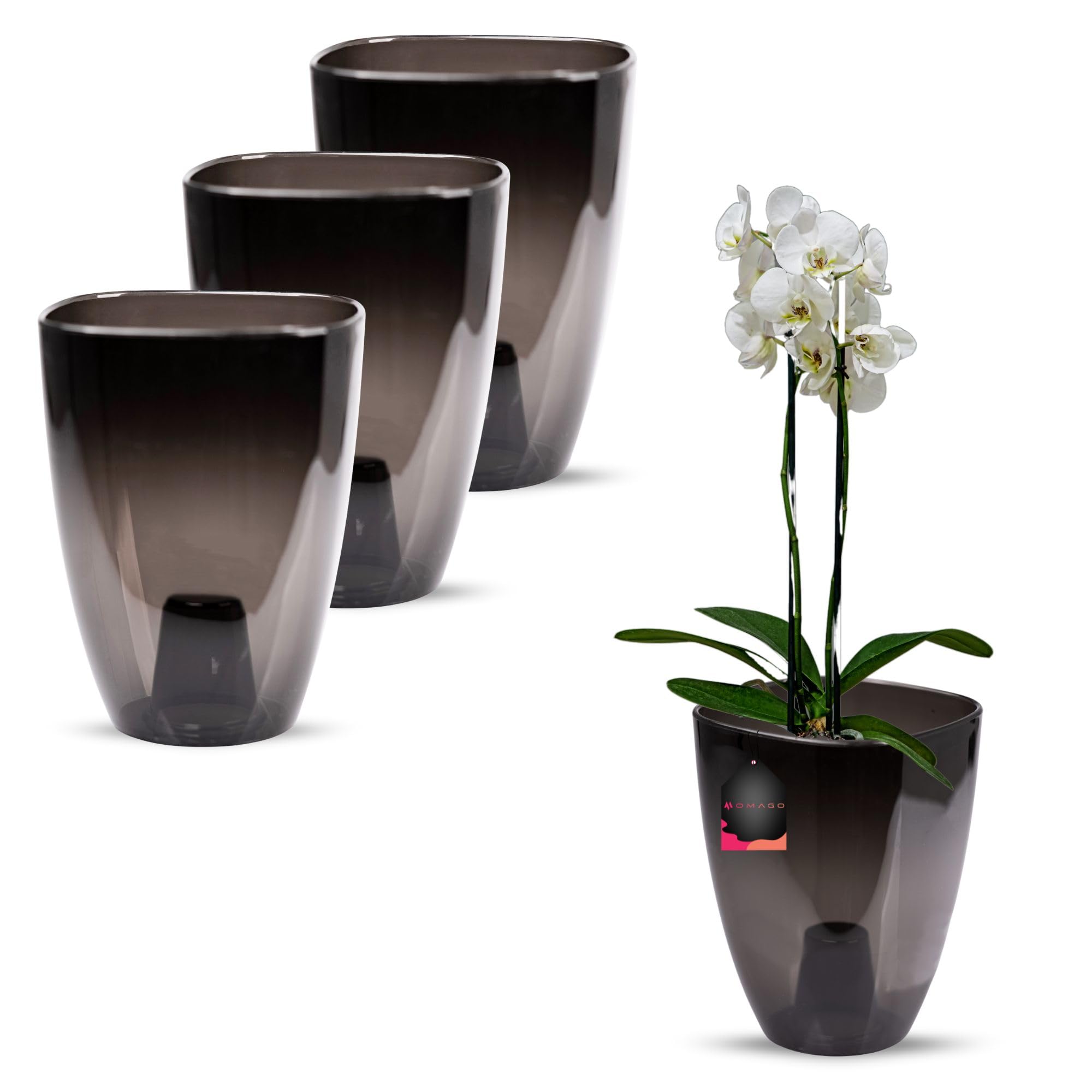 OMAGO® Zestaw 3 półtransparentnych osłonek na storczyka 12 cm, eleganckie grafitowe doniczki do wnętrz, czarne osłony do storczyków i roślin domowych