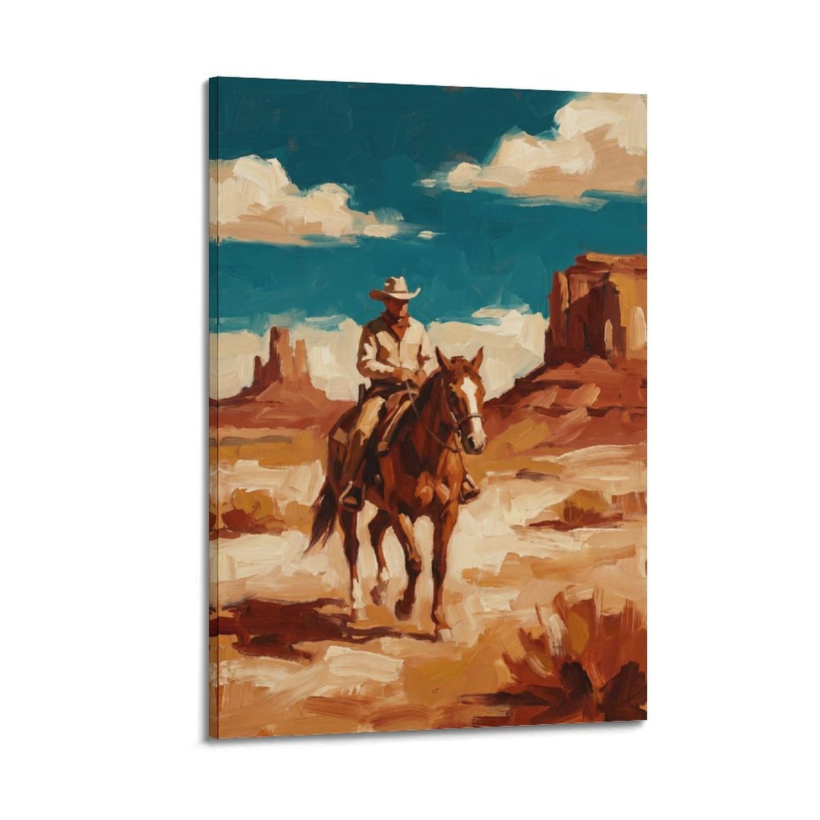 XKUGA Cowboy Horseback Riding Poster Desert Canyon Western Adventure Modern Decorative Canvas Prints - Ideal Wall Art for Family, Man Cave, Game Room, Boys & Girls Bedroom 24x36inch(60x90cm)