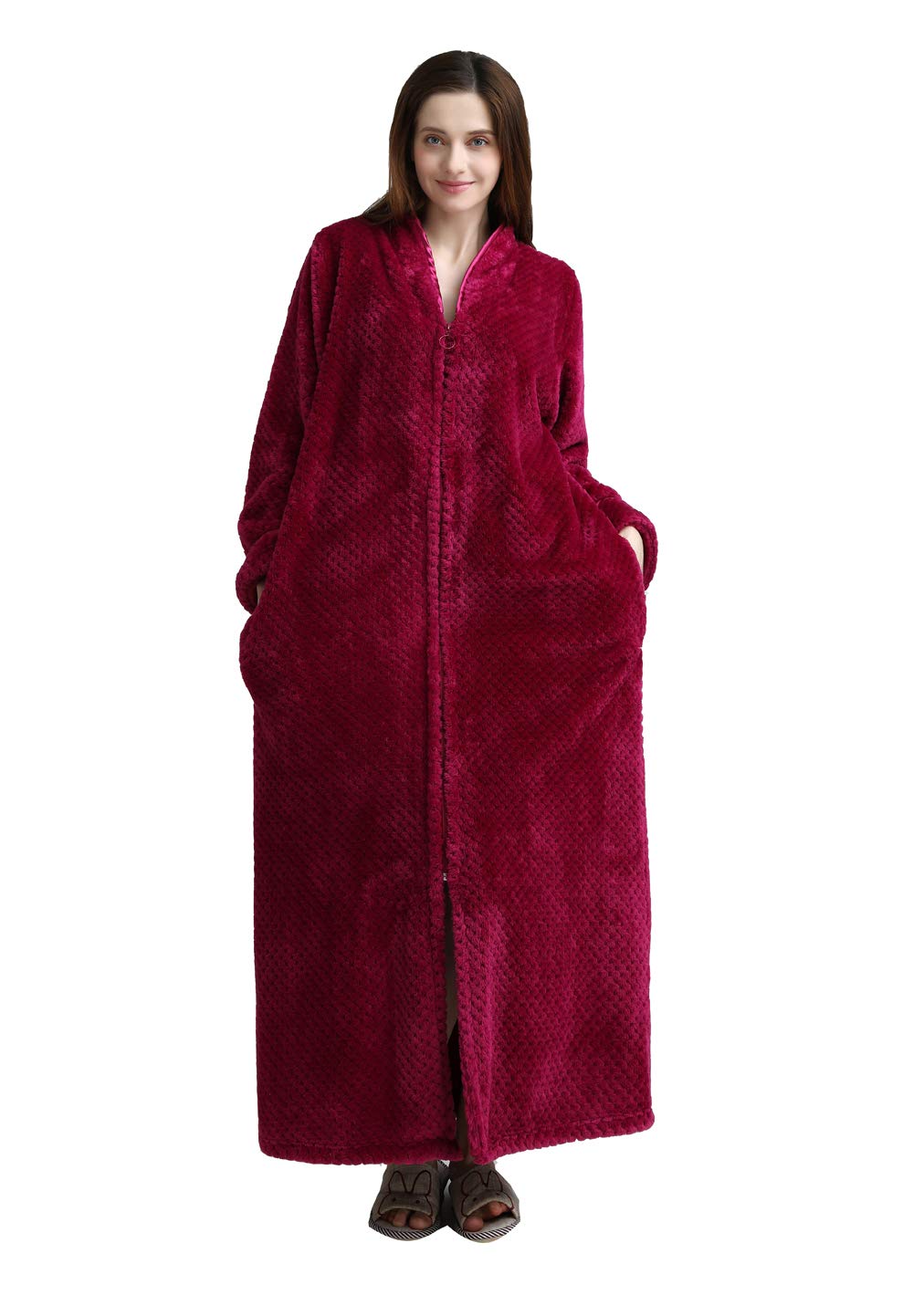 Chichidog Womens Plus Size Fleece Dressing Gown Soft Bathrobe Full Length with Zipper