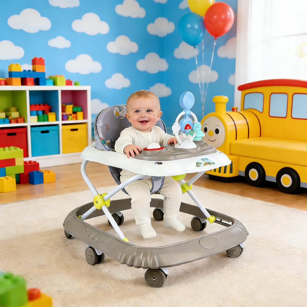 Andador 4 en 1, Andador plegable para bebé con bandeja de juegos interactiva con sonidos, base antivuelco, andador de ruedas de silicona y 4 posiciones de altura, de 6 a 18 meses (Kaki-67 x 72 x 92 cm