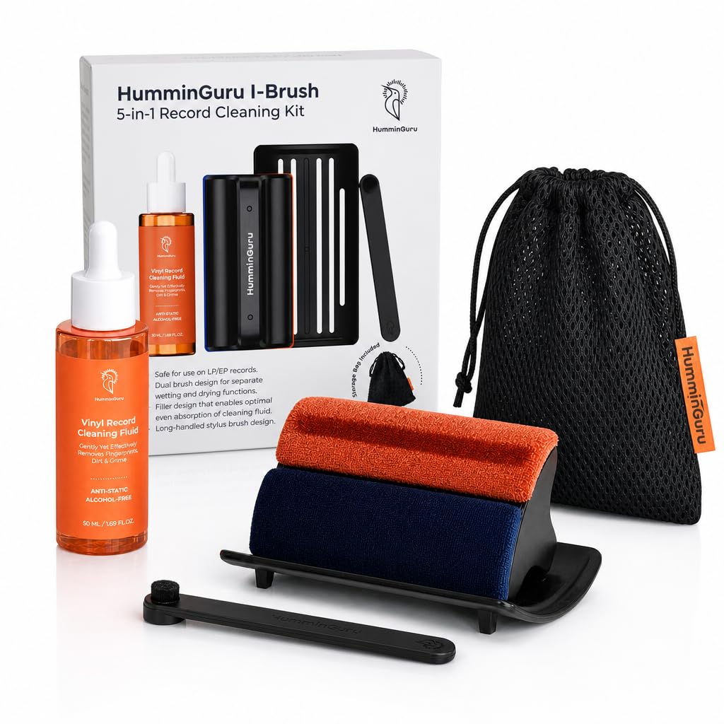 HumminGuru Kit di Pulizia per Dischi in Vinile I-Brush, Spazzola Antistatica con Doppio Panno in Velluto, Soluzione Analcolica e Portaspazzole LP (5 in 1), Colore Bianco