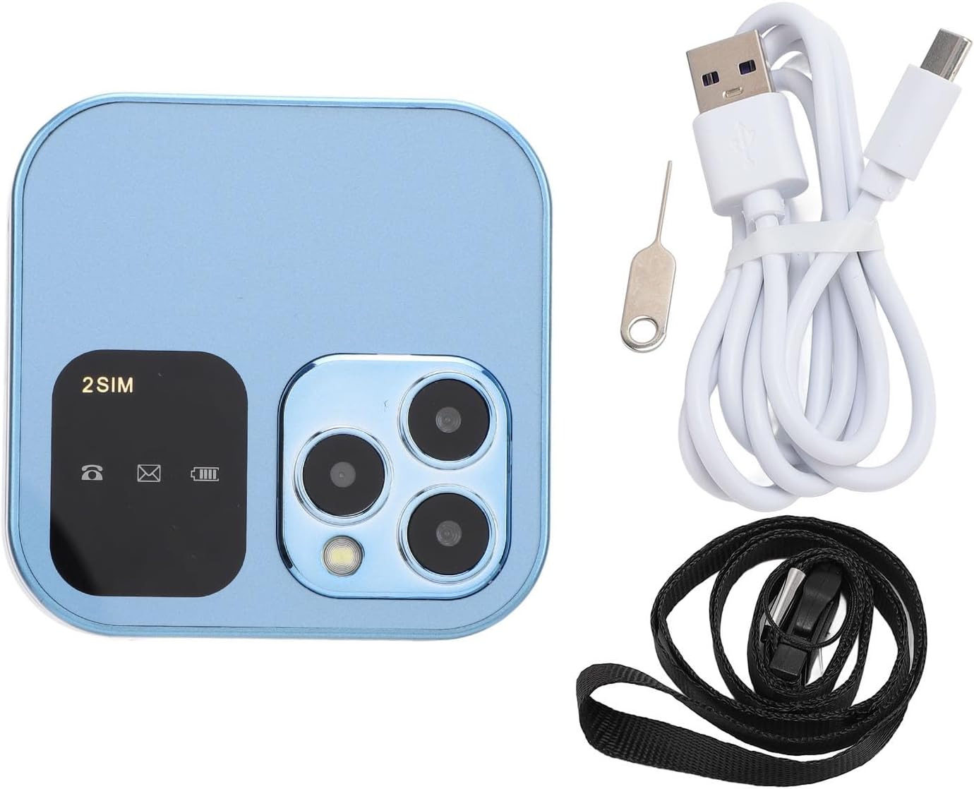 Bewinner 2G Unlocked Flip Phone and its accessories: USB charging cable, SIM ejector tool, and lanyard.