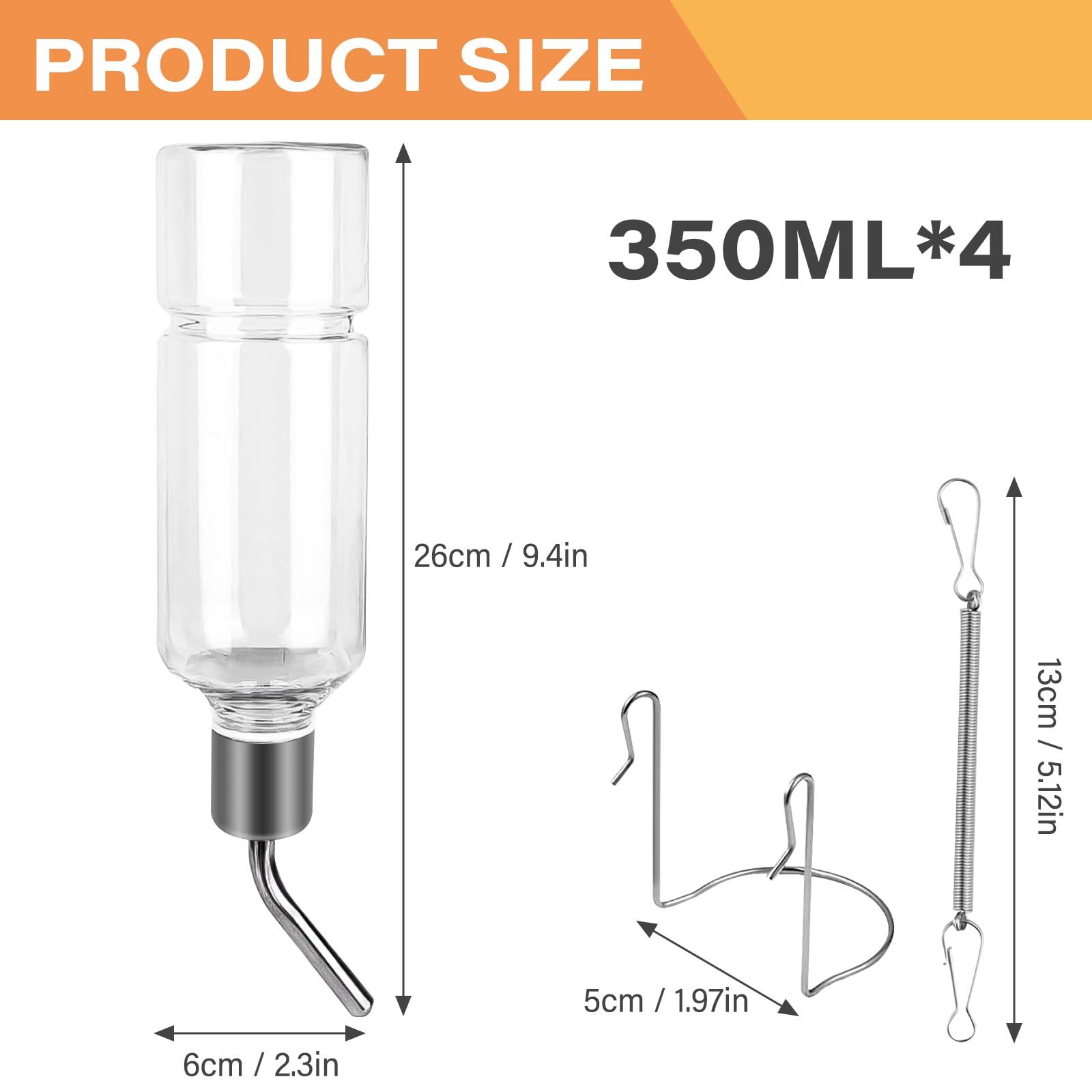 4 Pièces Biberon Lapin, 350ml Abreuvoir Lapin, Distributeur Eau Lapin Automatique avec Support, Suspendue Biberon Cochon d'Inde sans Goutte à Goutte pour Rongeur Lapins Cochons d'Inde Hamsters