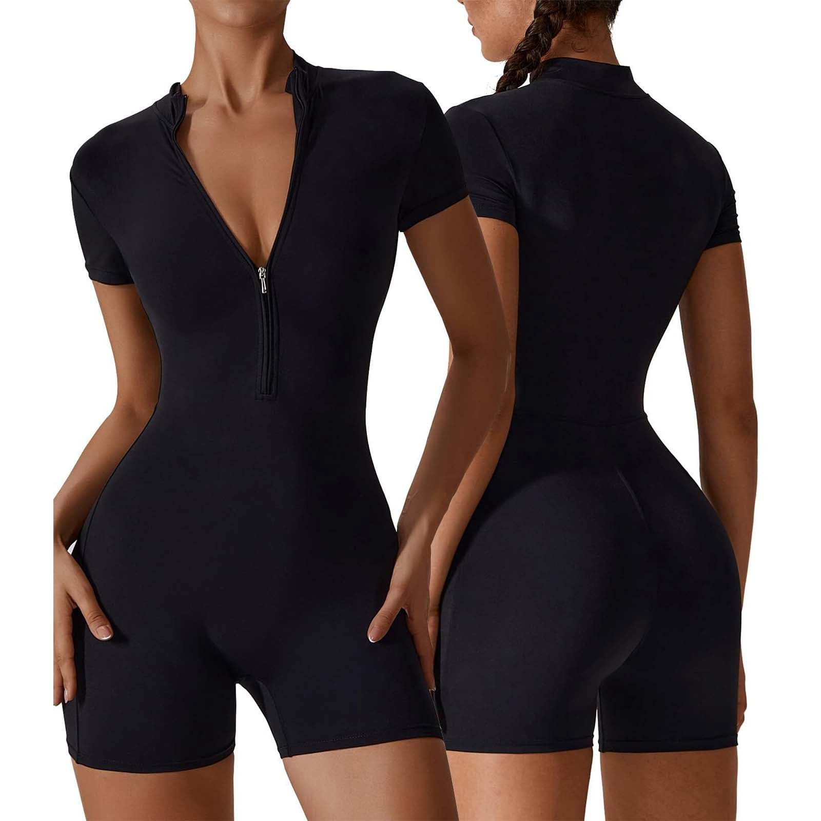 KBOPLEMQ Enterizo deportivo para mujer, corto y ajustado, para yoga, 1/2 cremallera, suave, elástico, de una pieza, traje deportivo bodycon, mameluco de manga corta, para yoga, fitness, traje de
