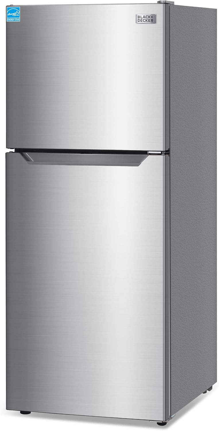 BLACK+DECKER 12.1 Cu. Ft. Top Mount Refrigerator with Freezer, 2 Door Refrigerator with Top Freezer and Adjustable Temperature Control, ENERGY STAR, BR1210HS, Stainless Steel Look product image