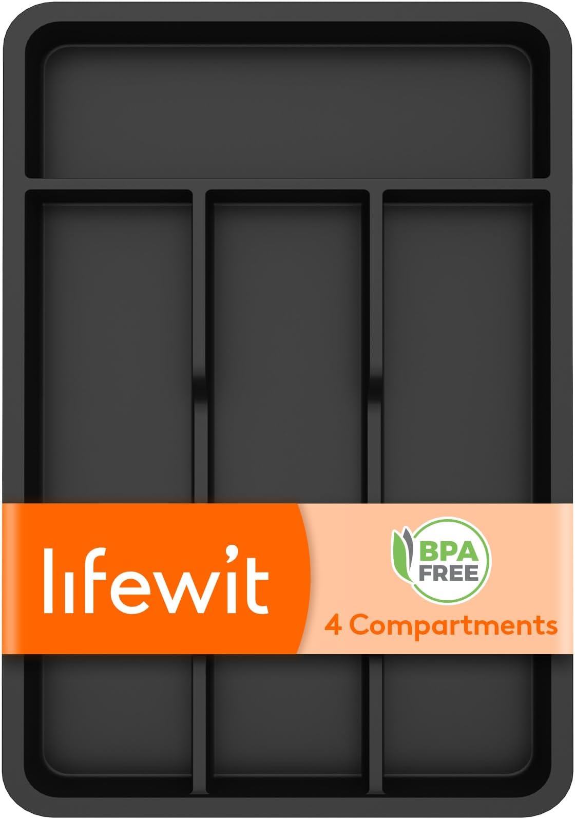 Lifewit Cutlery Drawer Organiser, Plastic Cutlery Tray for Kitchen, Utensil Flatware Silverware Holder Divider for Spoons Forks Knives Tableware, 4 Compartments, 20 x 32cm, Black