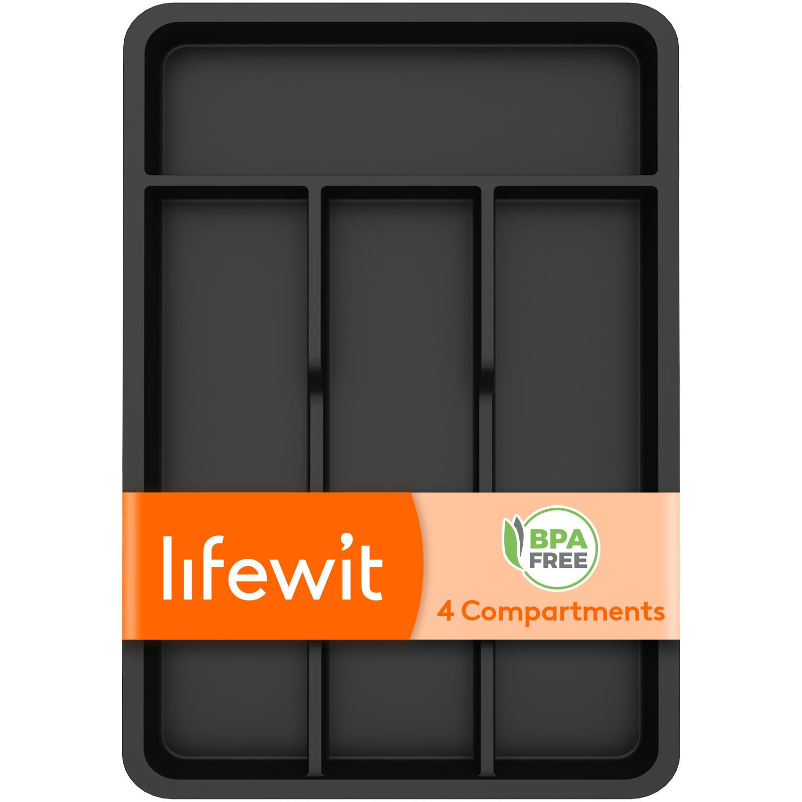 Lifewit Cutlery Drawer Organiser, Plastic Cutlery Tray for Kitchen, Utensil Flatware Silverware Holder Divider for Spoons Forks Knives Tableware, 4 Compartments, 20 x 32cm, Black