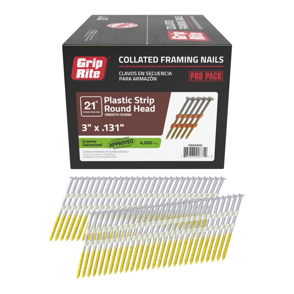 Grip-Rite 21 Degree Framing Nails - Exterior Galvanized Nails for Wood-To-Wood Framing Projects - Plastic Strip Collated Fastener - Round Head -