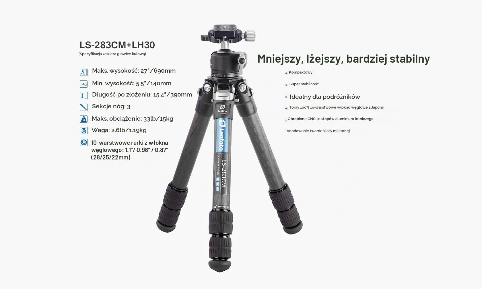 Leofoto Ranger - Statyw węglowy z głowicą kulową - lekki - nogi regulowane pod 3 kątami - idealny do fotografii makro - LS-283CM+LH-30