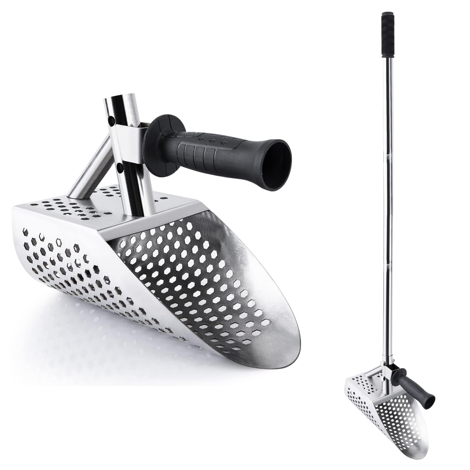 Metal Detecting Sand Scoop, 2 in 1 Heavy Duty Metal Detecting Shovel with Removable Long Handle Stainless Steel Rustproof Beach Shovel Handheld Sand Scoop for Beach Underwater Treasure Hunting