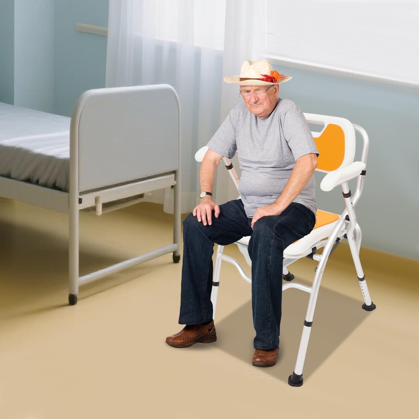 Sedie da doccia con braccioli e schienale, sedia pieghevole per WC e doccia con contenitore per urina, colore arancione, sgabello da bagno da 150 kg, altezza regolabile da 42 a 47 cm, cassettiera per