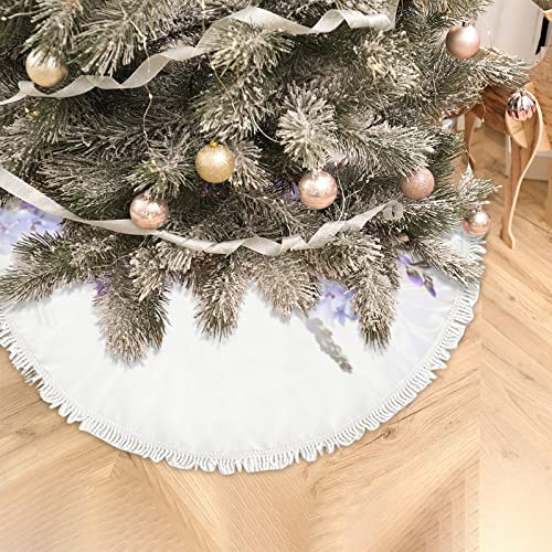 Christmas Tree Skirt 30 Inch Floral Blue Purple Cornflowers With Tassel For Holiday Party Round Plush Xmas Tree Skirt Home Decorations Indoor Outdoor #TOP4