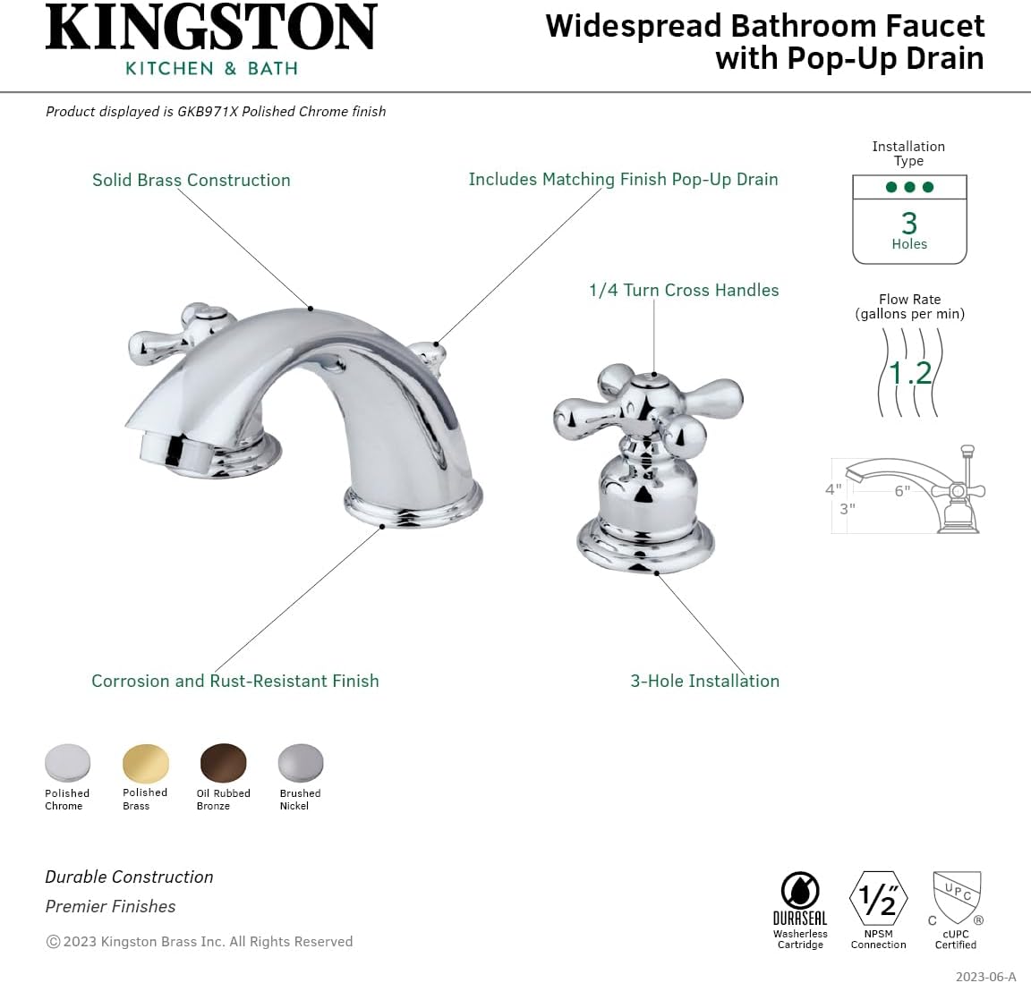 Kingston Brass GKB972X Victorian 8-Inch Widespread Lavatory Faucet with Retail Pop-Up, 5-3/4" in Spout Reach, Polished Brass