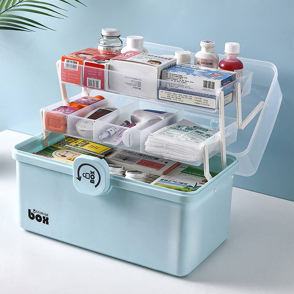 Erste Hilfe Set Erste-Hilfe-Kit Kunststoff-Medizin-Box-Haushalt Großkapazität Mehrschicht-Aufbewahrungsbox Tragbare Erste-Hilfe-Medizin-Aufbewahrungsbox Verbandskasten ( Color : Blue , Size : S-l )