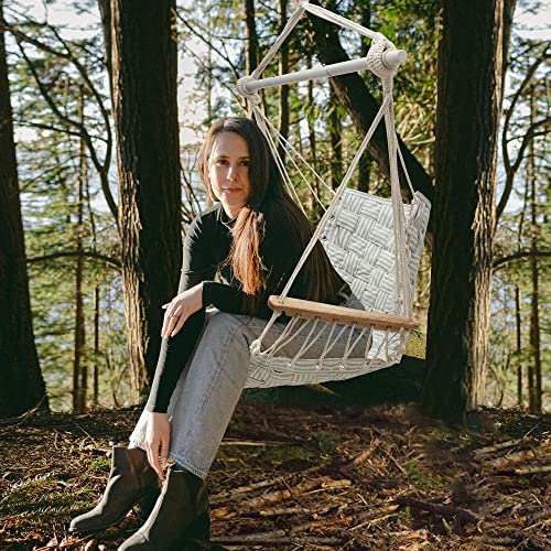 Rooity Hammock Chair Hanging Swing With Wooden Armrests;Steel Spreader Bar And Anti-Slip Rings;Cotton Woven Fabric;Up To 400 Lbs For Bedroom,Patio,Porch,Deck-Indoor Outdoor Green/White #TOP5