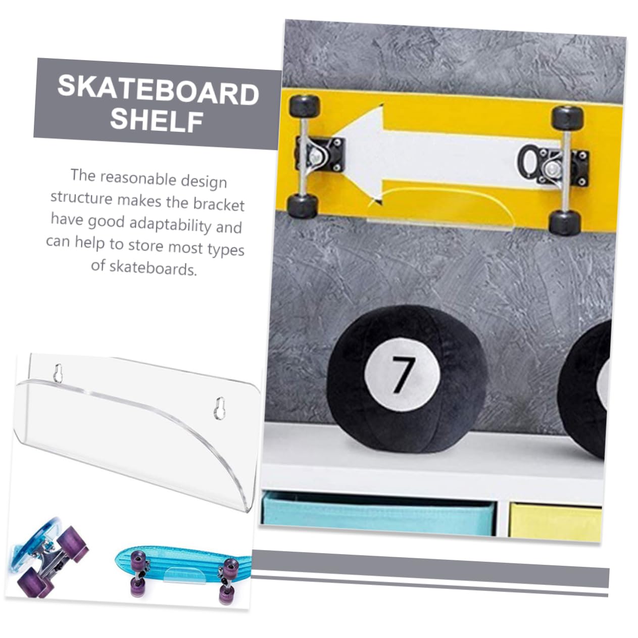 POPETPOP Support Mural Acrylique Transparent pour Skateboard et Planche à roulettes Rangement Mural Compact et Robuste avec Vis pour Installation Facile Adapté à Snowboard et Planche de