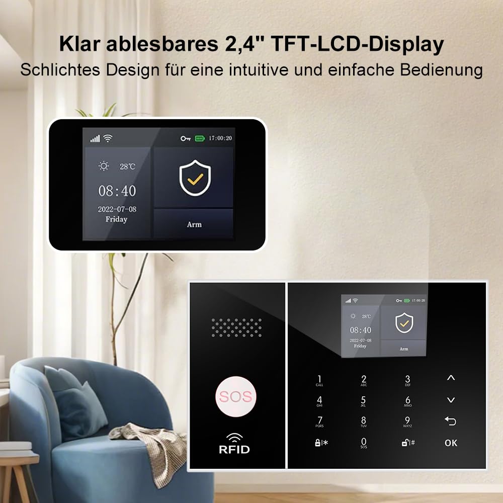 Alarmanlage Haus & Wohnung mit WiFi + 4G GSM, Smart Life App, Telefon- & SMS-Alarm, erweiterbares Funk-Alarmsystem mit Alexa & Google Assistant (12-teiliges Set)