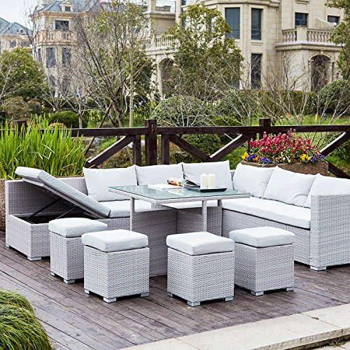 CONCEPT USINE | Salon de Jardin Encastrable en Résine Tressée 10 Personnes | FIDJI Gris | Table Plateau en Verre + 4 Poufs + Grand Canapé avec Assise...