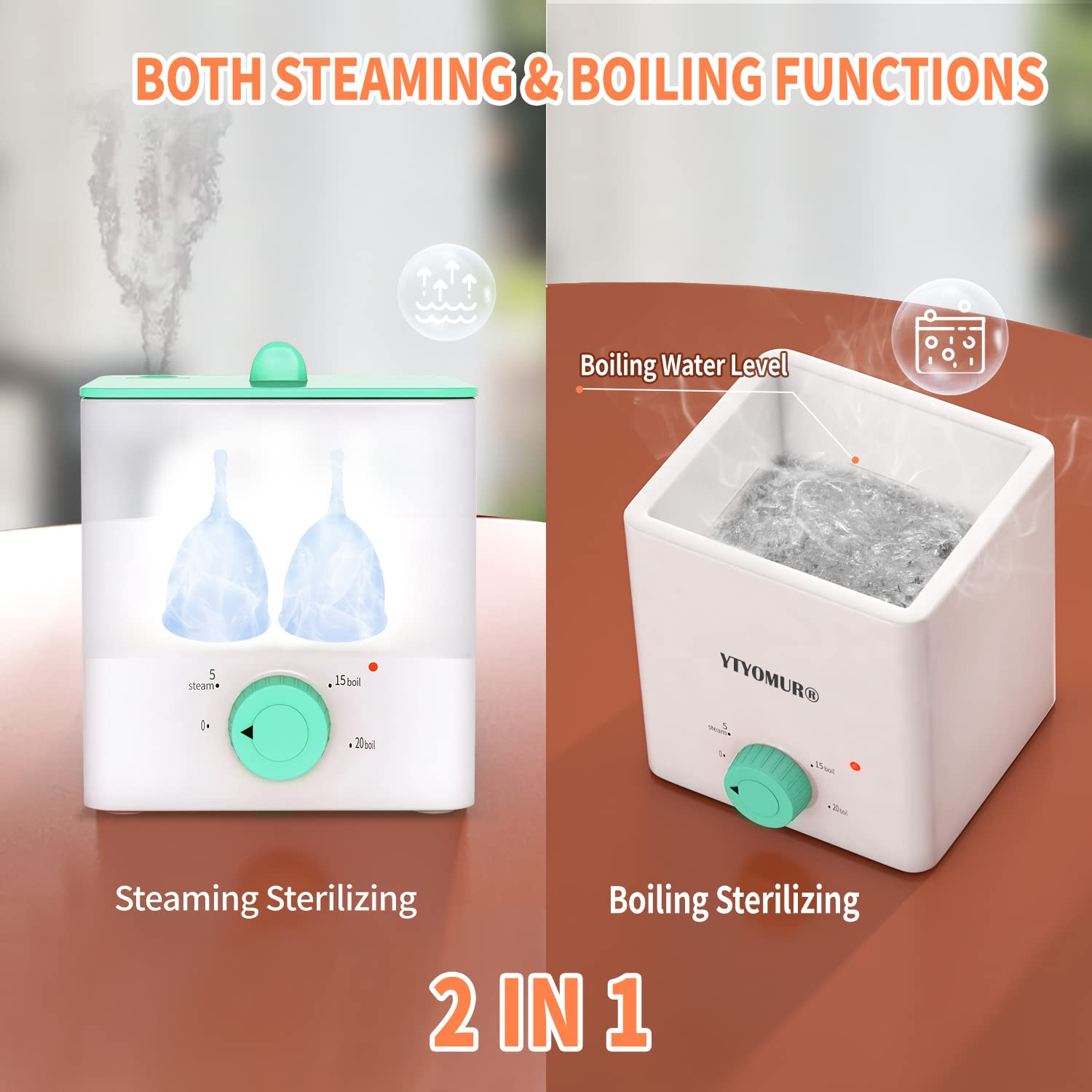 Upgraded Menstrual Cups Sterilizer Menstrual Disc Steamer, 2 in 1 Boiling & Steaming Modes, One-Click Knob Timer Auto Off, with 1 Cleaning Brush & 1 Heat Resistant Clip(Green)