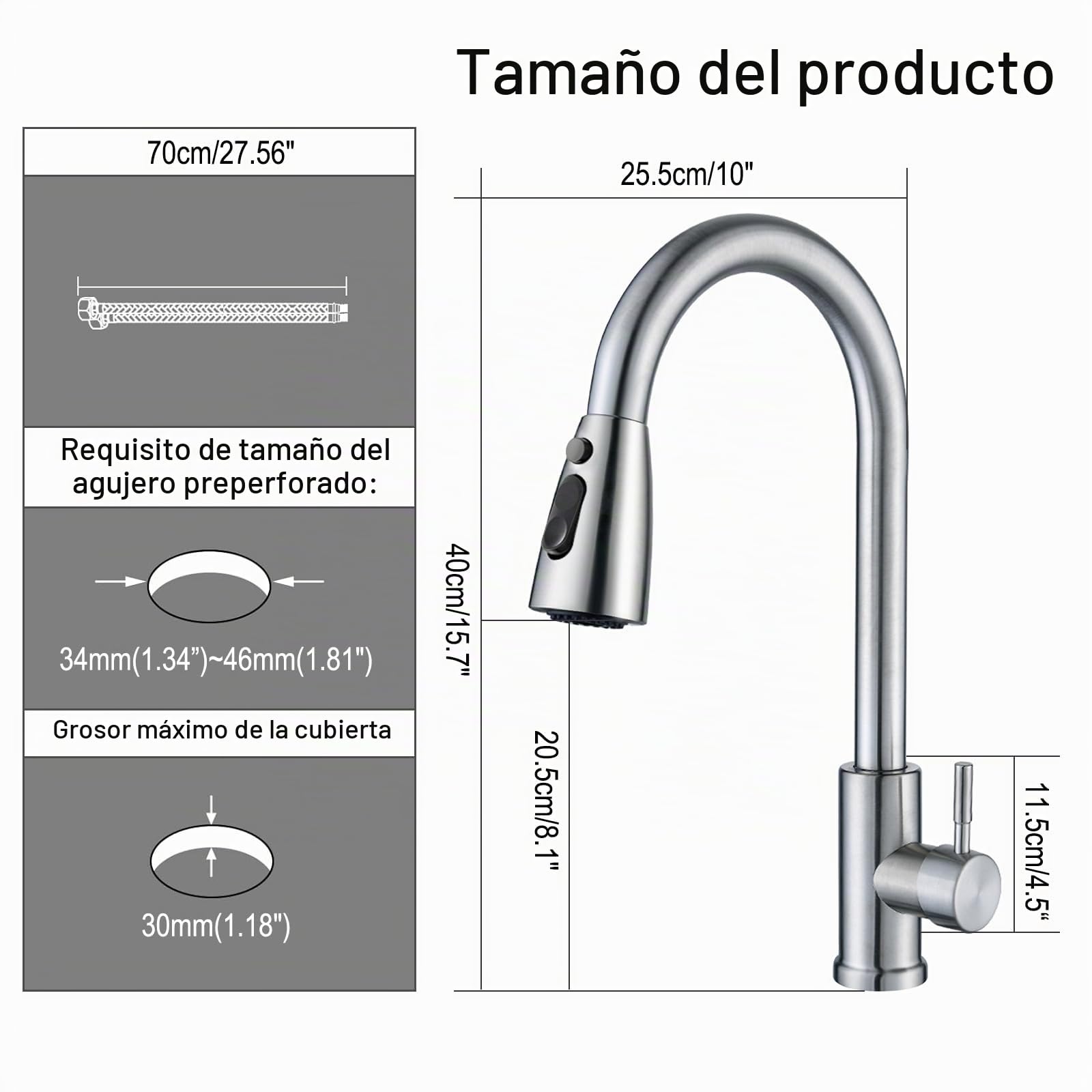 Cieex Grifo Cocina Extraíble, Completo Grifos Cocina Fregadero con Manguera, Torneira Cozinha de 3 Modos de Flujo de Agua, Control de Una Sola Manija, Material de Acero Inoxidable, con Cinta de Teflón