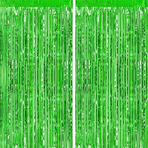 Image of CHRORINE 2pcs 3ft x 8.3ft Green Tinsel Foil Fringe Curtains Streamers Backdrop for Green Birthday Jungle Safari Tropical Party Christmas Decorations