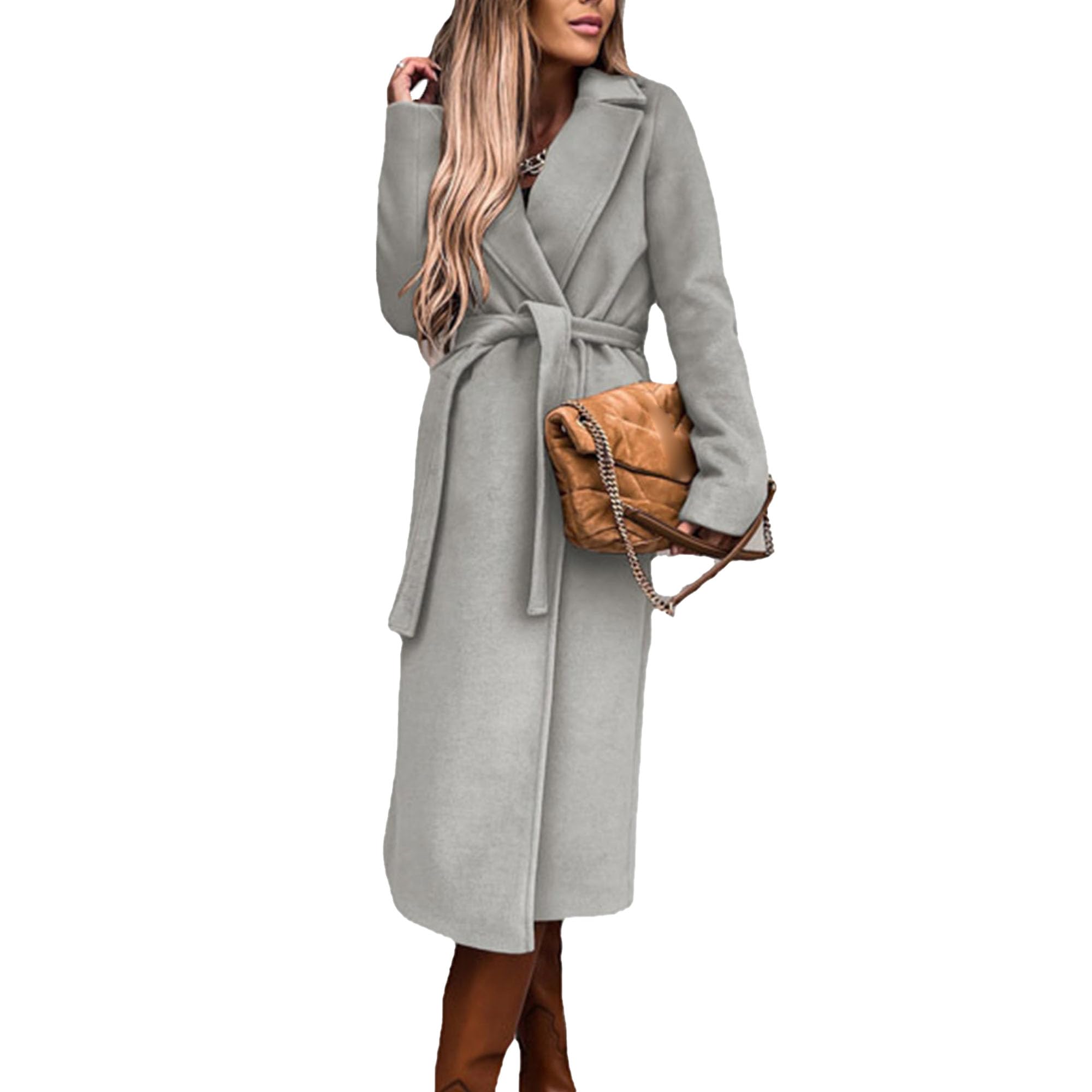 Maiyifu-GJ Womens Notched Lapel Coat Jacket Slim Mid-Long Wool Blend Outerwear Casual Fall Winter Trench Coats with Belt