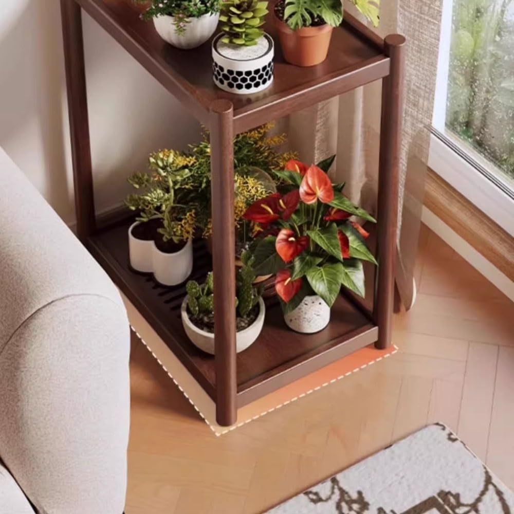 Stand Plant Portavasi a Due Piani Color Noce for Interni ed Esterni, divani, tavolino Laterale, Porta Bonsai in Legno